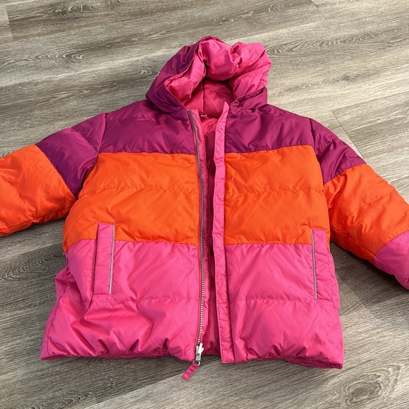 Hanna Andersson reversible kids winter puffer down jacket solid pink/stripe 10